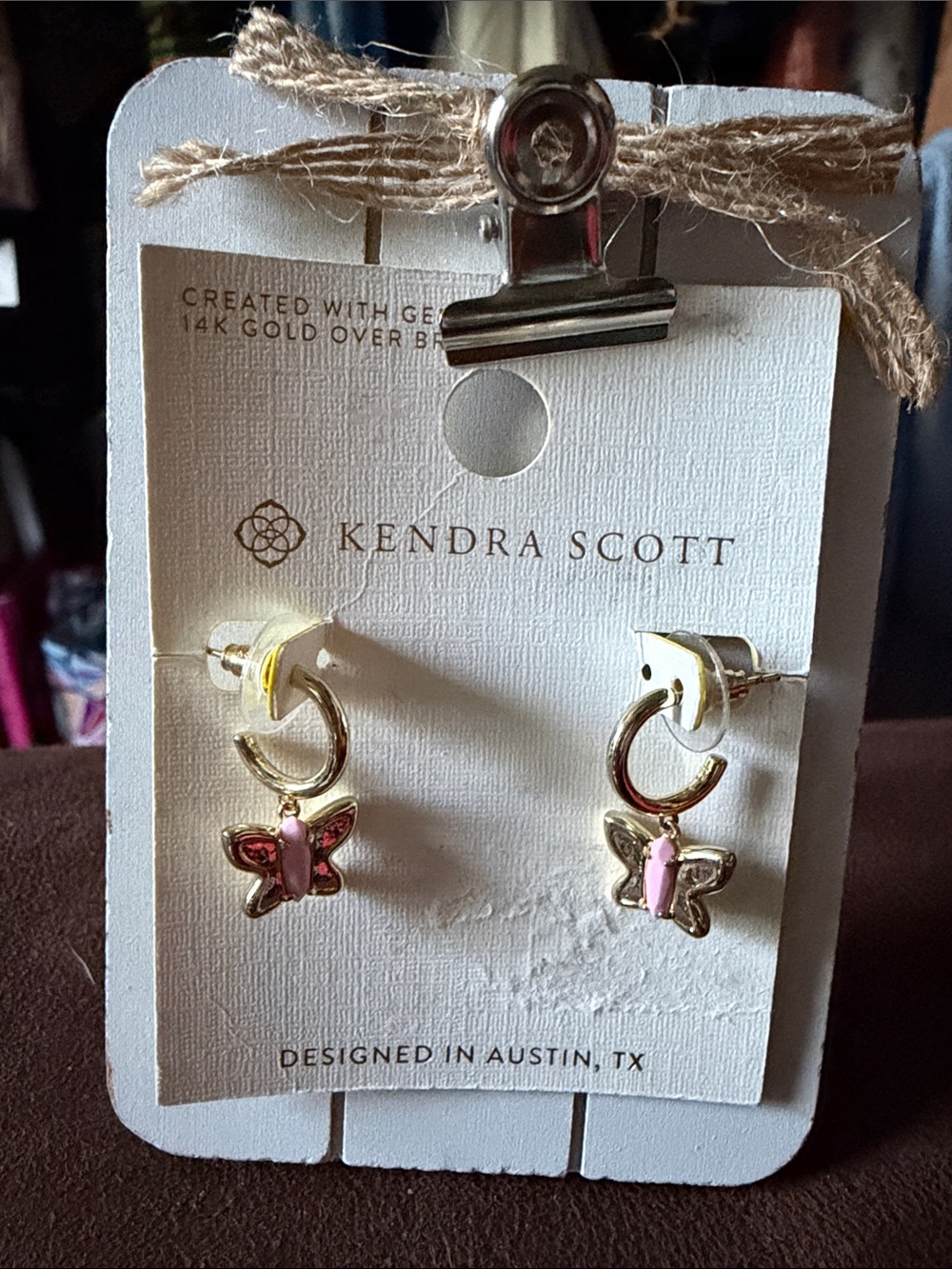 Kendra Scott Gold Hoop Earrings with Pink Butterfly Charms